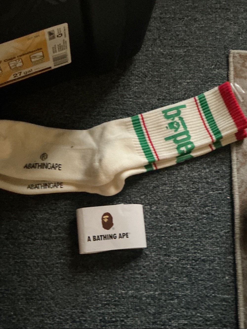 White Crew Socks with Green & Red Stripes